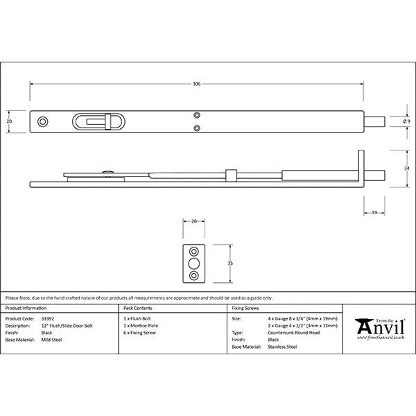 From The Anvil - 12" Flush/Slide Door Bolt - Black - 33392 - Choice Handles