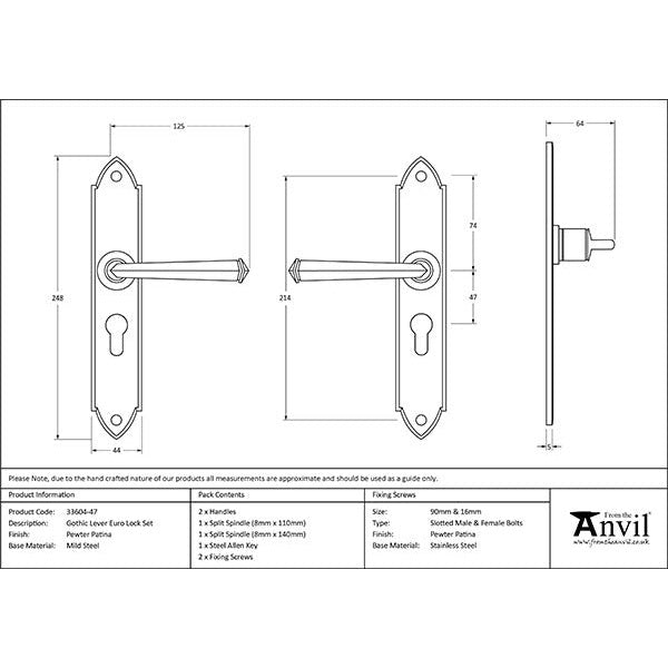 From The Anvil - Gothic Lever Euro Lock Set - Pewter Patina - 33604/47 - Choice Handles