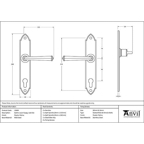 From The Anvil - Gothic Lever Espag. Lock Set - Pewter Patina - 33604 - Choice Handles