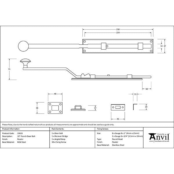 From The Anvil - 10" French Door Bolt - Pewter Patina - 33624 - Choice Handles