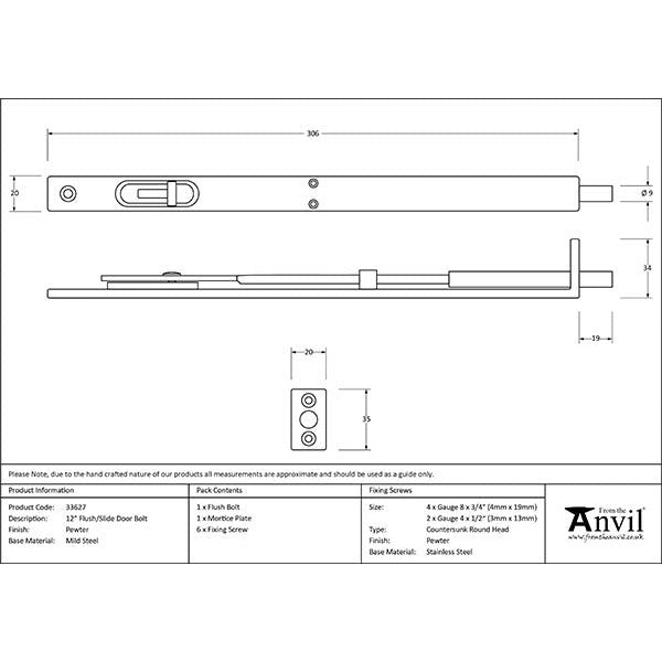 From The Anvil - 12'' Flush/Slide Door Bolt - Pewter Patina - 33627 - Choice Handles