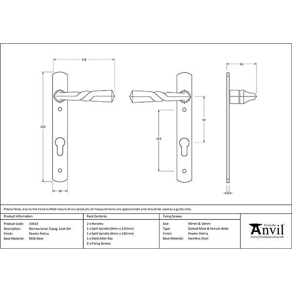 From The Anvil - Narrow Lever Espag. Lock Set - Pewter Patina - 33633 - Choice Handles