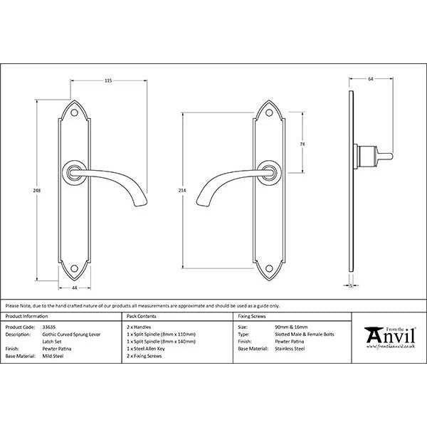 From The Anvil - Gothic Curved Sprung Lever Latch Set - Pewter Patina - 33635 - Choice Handles