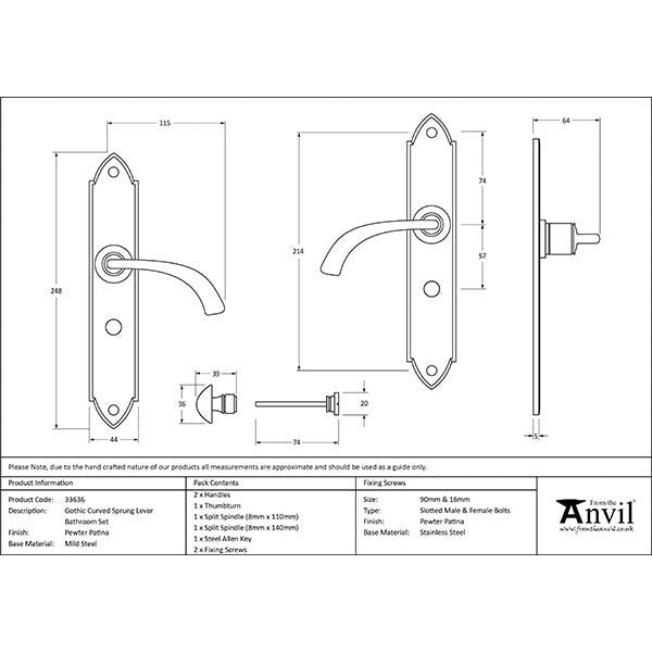 From The Anvil - Gothic Curved Sprung Lever Bathroom Set - Pewter Patina - 33636 - Choice Handles