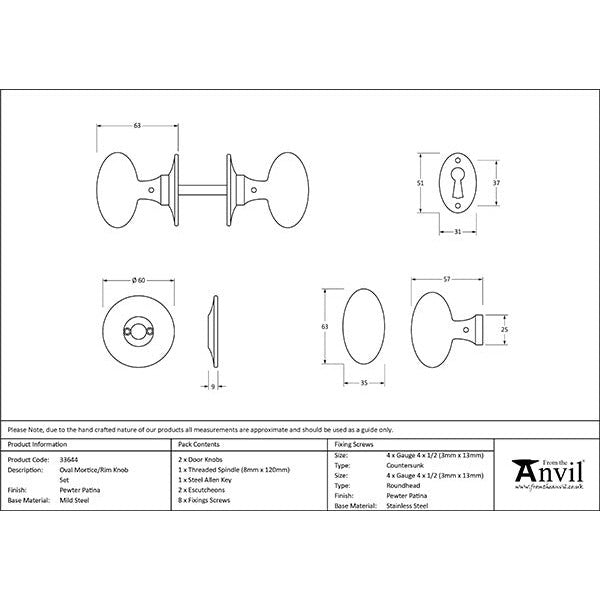 From The Anvil - Oval Mortice/Rim Knob Set - Pewter Patina - 33644 - Choice Handles