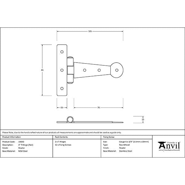 From The Anvil - 4" Penny End T Hinge (pair) - Pewter Patina - 33650 - Choice Handles