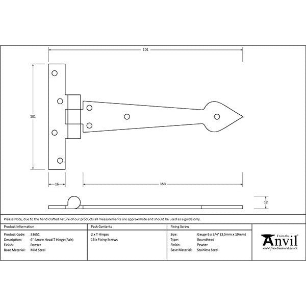 From The Anvil - 6" Arrow Head T Hinge (pair) - Pewter Patina - 33651 - Choice Handles