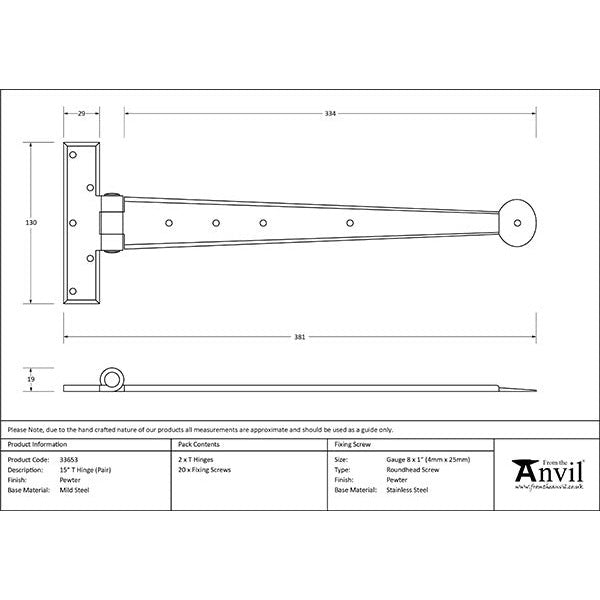 From The Anvil - 15" Penny End T Hinge (pair) - Pewter Patina - 33653 - Choice Handles