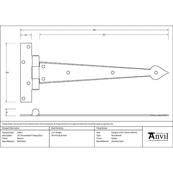 From The Anvil - 12" Arrow Head T Hinge (pair) - Pewter Patina - 33657 - Choice Handles