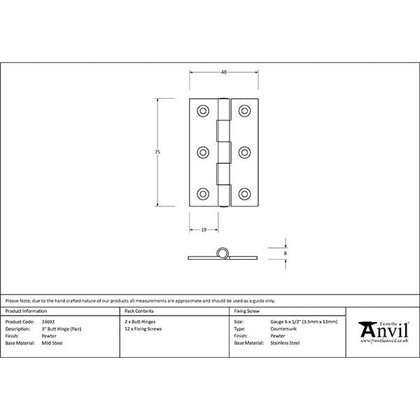 From The Anvil - 3" Butt Hinge (pair) - Pewter Patina - 33692 - Choice Handles