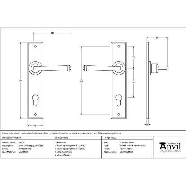 From The Anvil - Avon Lever Espag. Lock Set - Pewter Patina - 33704 - Choice Handles
