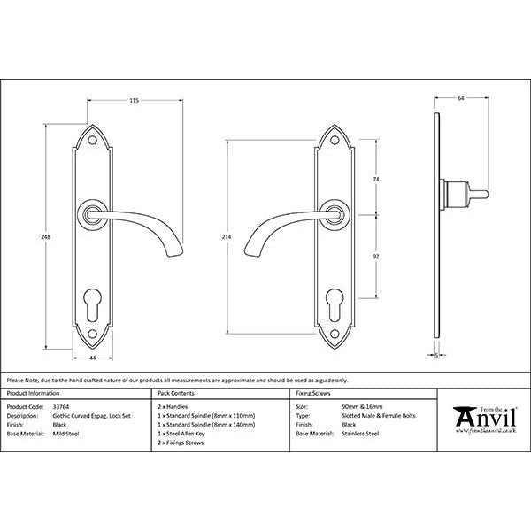 From The Anvil - Gothic Curved Lever Espag. Lock Set - Black - 33764 - Choice Handles