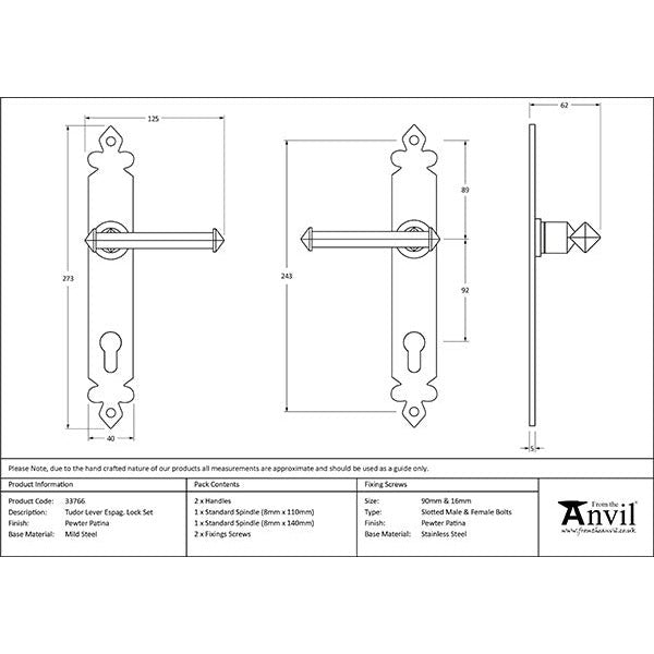From The Anvil - Tudor Lever Espag. Lock Set - Pewter Patina - 33766 - Choice Handles