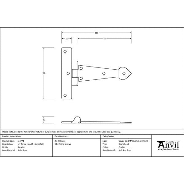 From The Anvil - 4" Arrow Head T Hinge (pair) - Pewter Patina - 33774 - Choice Handles