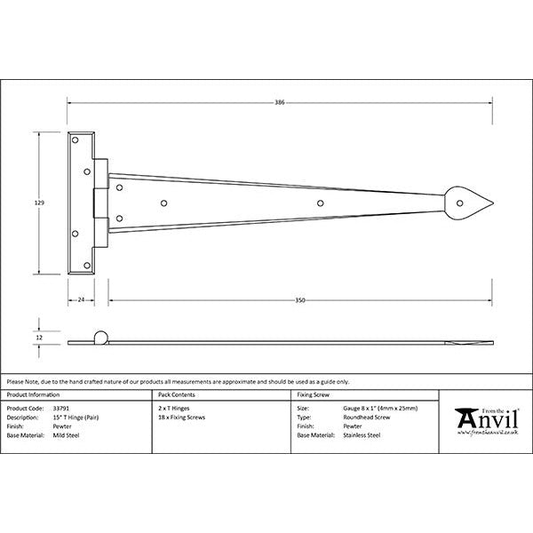 From The Anvil - 15" Arrow Head T Hinge (pair) - Pewter Patina - 33791 - Choice Handles