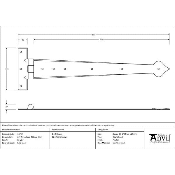 From The Anvil - 22" Arrow Head T Hinge (pair) - Pewter Patina - 33792 - Choice Handles