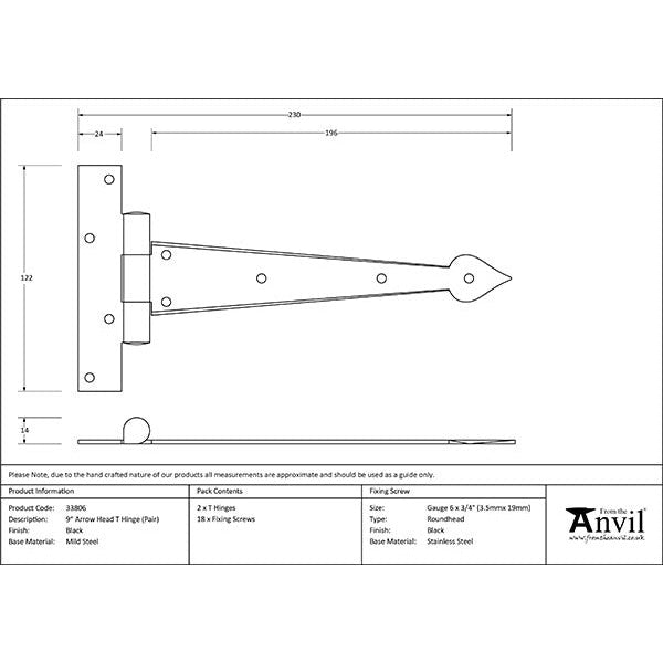 From The Anvil - 9" Arrow Head T Hinge (pair) - Black - 33806 - Choice Handles