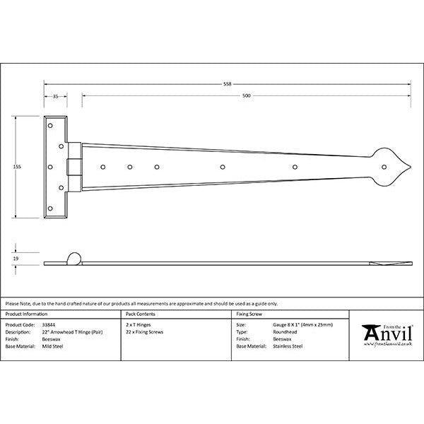 From The Anvil - 22" Arrow Head T Hinge (pair) - Beeswax - 33844 - Choice Handles