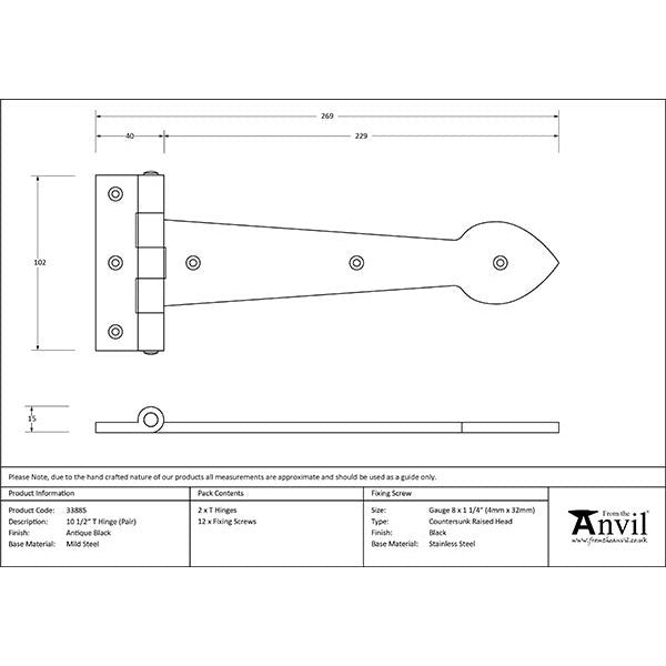 From The Anvil - 10½" Cast T Hinge (pair) - Black - 33885 - Choice Handles