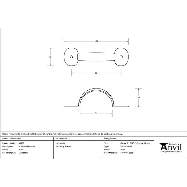 From The Anvil - 4" Bean D Handle - Black - 33997 - Choice Handles