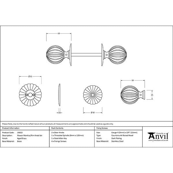 From The Anvil - Flower Mortice/Rim Knob Set - Aged Brass - 39010 - Choice Handles
