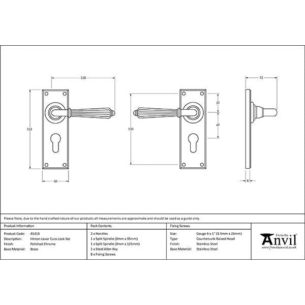 From The Anvil - Hinton Lever Euro Lock Set - Polished Chrome - 45319 - Choice Handles