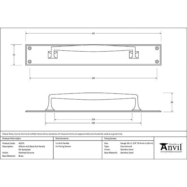 From The Anvil - 425mm Art Deco Pull Handle on Backplate - Polished Chrome - 45375 - Choice Handles