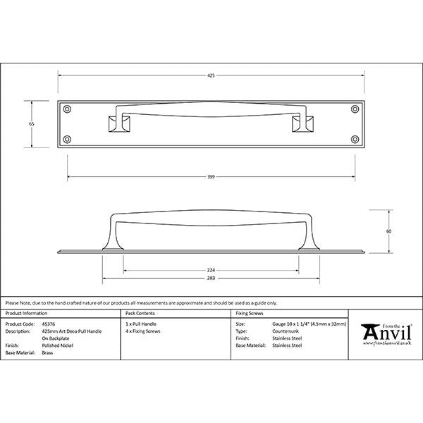 From The Anvil - 425mm Art Deco Pull Handle on Backplate - Polished Nickel - 45376 - Choice Handles