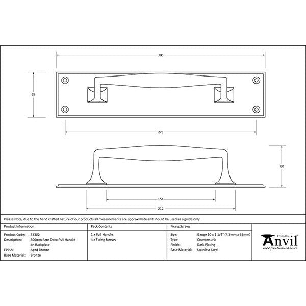 From The Anvil - 300mm Art Deco Pull Handle on Backplate - Aged Bronze - 45382 - Choice Handles