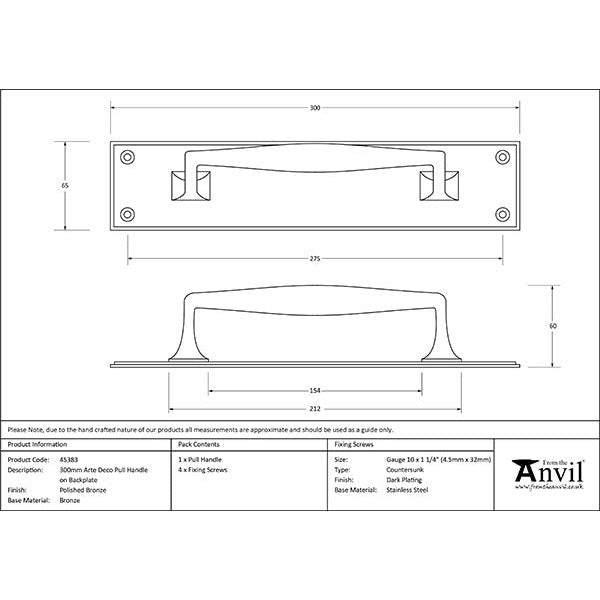 From The Anvil - 300mm Art Deco Pull Handle on Backplate - Polished Bronze - 45383 - Choice Handles