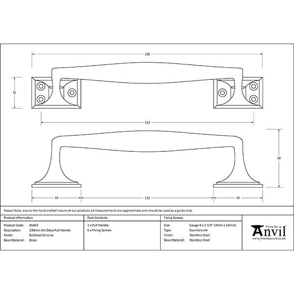 From The Anvil - 230mm Art Deco Pull Handle - Polished Chrome - 45462 - Choice Handles