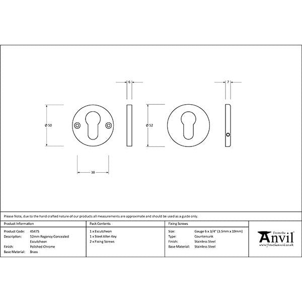 From The Anvil - 52mm Regency Concealed Escutcheon - Polished Chrome - 45475 - Choice Handles