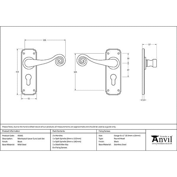 From The Anvil - Monkeytail Lever Euro Lock Set - Black - 45591 - Choice Handles