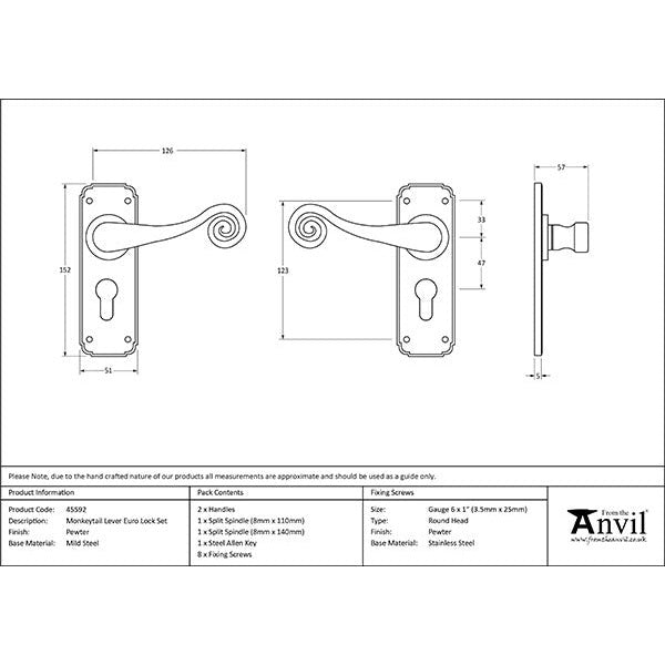 From The Anvil - Monkeytail Lever Euro Lock Set - Pewter Patina - 45592 - Choice Handles