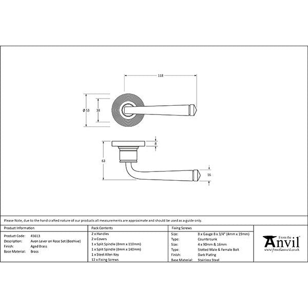From The Anvil - Avon Round Lever on Rose Set (Beehive) - Aged Brass - 45613 - Choice Handles
