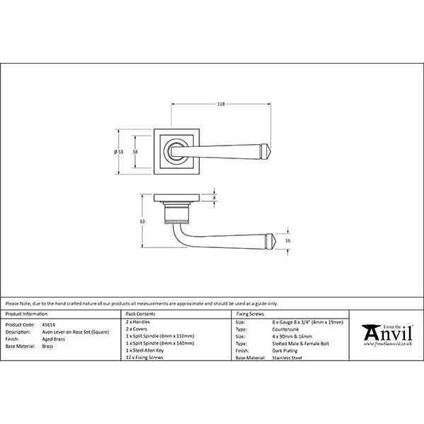 From The Anvil - Avon Round Lever on Rose Set (Square) - Aged Brass - 45614 - Choice Handles