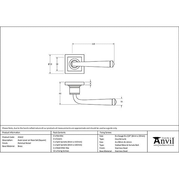 From The Anvil - Avon Round Lever on Rose Set (Square) - Polished Nickel - 45622 - Choice Handles