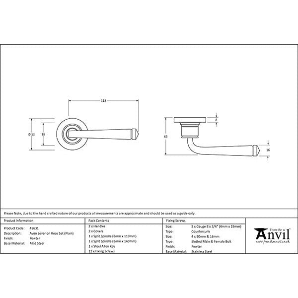 From The Anvil - Avon Round Lever on Rose Set (Plain) - Pewter Patina - 45631 - Choice Handles