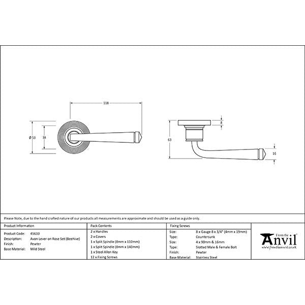 From The Anvil - Avon Round Lever on Rose Set (Beehive) - Pewter Patina - 45633 - Choice Handles