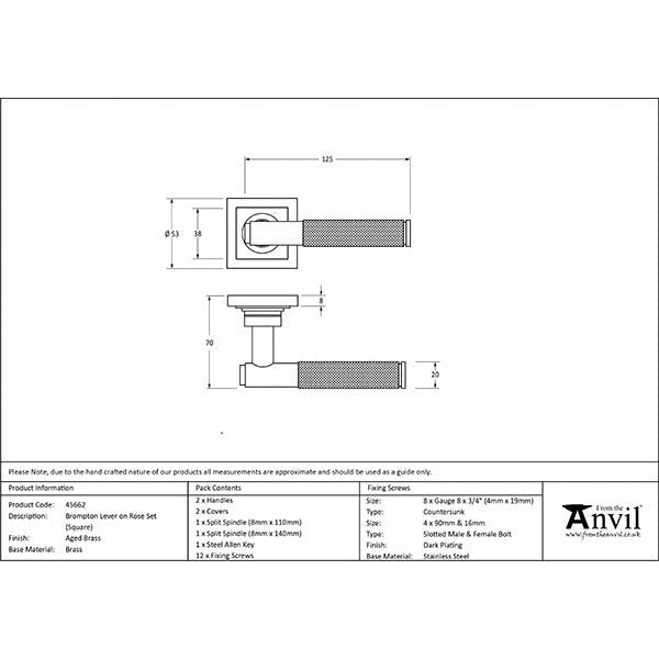 From The Anvil - Brompton Lever on Rose Set (Square) - Aged Brass - 45662 - Choice Handles