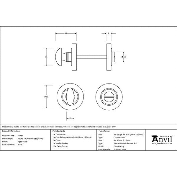 From The Anvil - Round Thumbturn Set (Plain) - Aged Brass - 45731 - Choice Handles