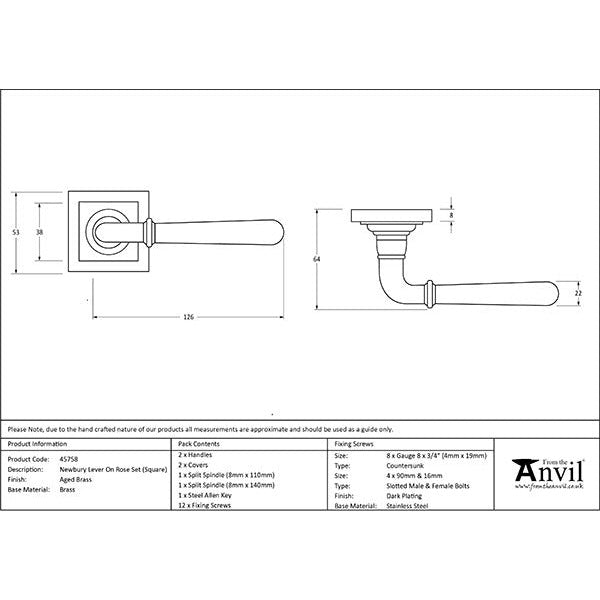 From The Anvil - Newbury Lever on Rose Set (Square) - Aged Brass - 45758 - Choice Handles