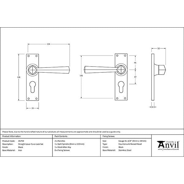 From The Anvil - Straight Lever Euro Lock Set - Black - 45759 - Choice Handles