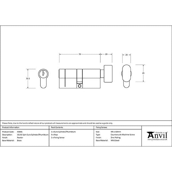 From The Anvil - 35/35 5pin Euro Cylinder/Thumbturn - Pewter Patina - 45846 - Choice Handles