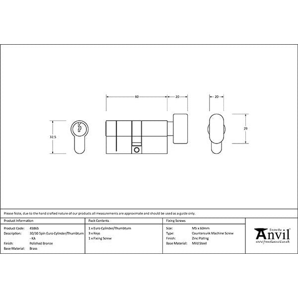 From The Anvil - 30/30 5pin Euro Cylinder/Thumbturn KA - Polished Bronze - 45865 - Choice Handles