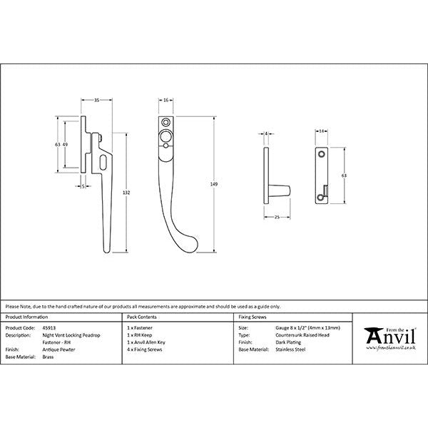 From The Anvil - Night-Vent Locking Peardrop Fastener - RH - Antique Pewter - 45913 - Choice Handles