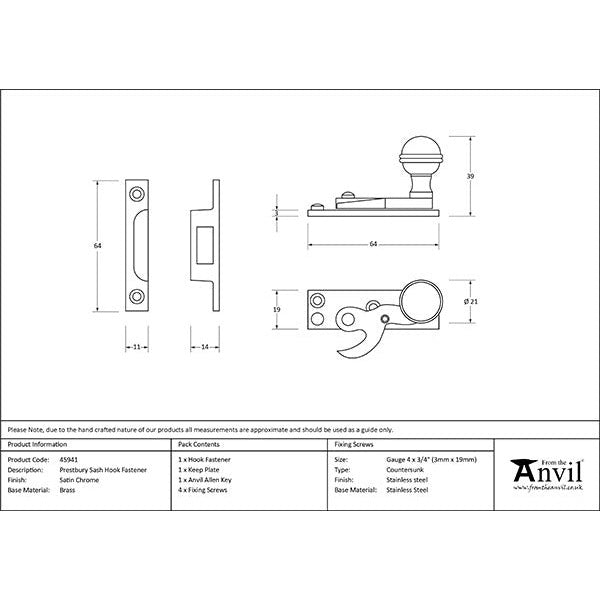 From The Anvil - Prestbury Sash Hook Fastener - Satin Chrome - 45941 - Choice Handles
