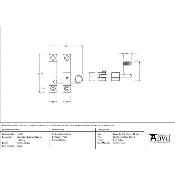 From The Anvil - Brompton Quadrant Fastener - Narrow - Polished Brass - 45982 - Choice Handles