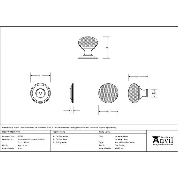 From The Anvil - Hammered Mushroom Cabinet Knob 32mm - Aged Brass - 46021 - Choice Handles