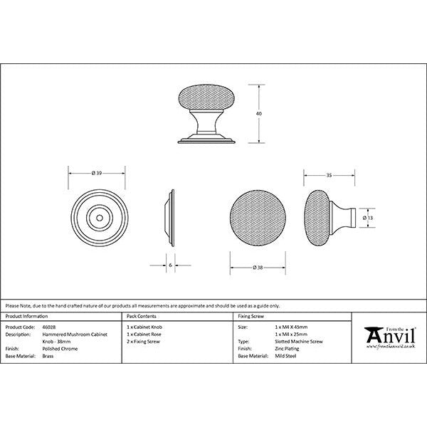 From The Anvil - Hammered Mushroom Cabinet Knob 38mm - Polished Chrome - 46028 - Choice Handles